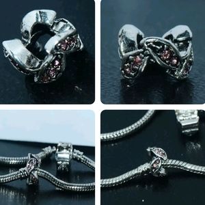 1 x Pink Crystal Leaf Bead Charms Spacer Silver Fit Eupropean &Pendora Bracelet